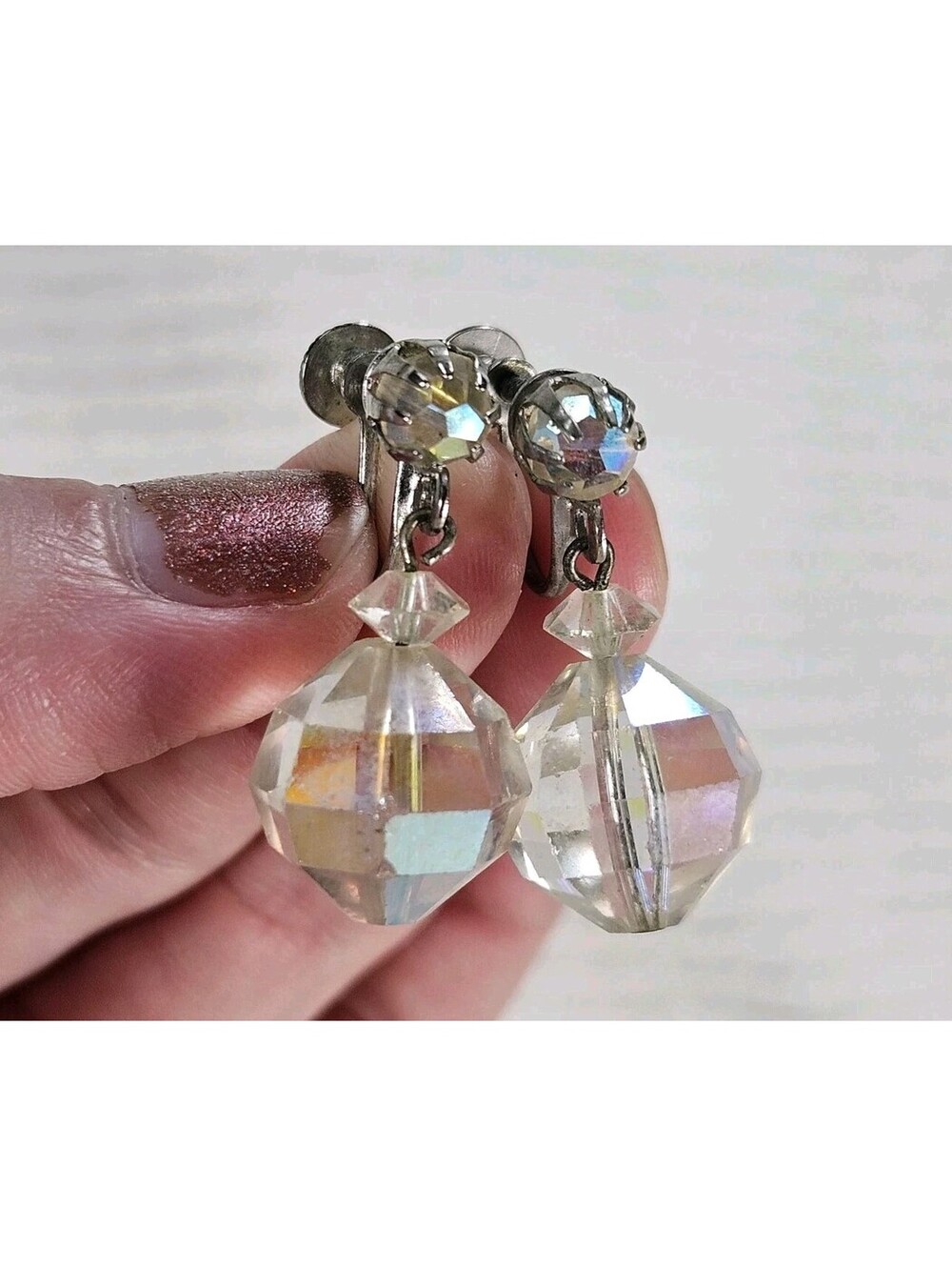 Vtg 60s Glass Ball Drop Earrings Lisner Faceted AB Prom Pinup Screw Back Retro
